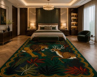 Luxury Jungle Animal Rug, Lion Deer Area Rug, Handmade Tufted Carpet, Dark Green Botanical Rug, Statement Living Room Rug, Kids Room Rug
