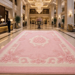 May include: A large, rectangular pink rug with a floral design in a hotel lobby. The rug features a central floral medallion and a border with repeating floral patterns. The rug is placed in front of a reception desk with the words "GRAND AURELIA HOTEL" visible.