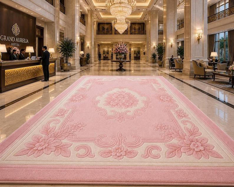 May include: A large, rectangular pink rug with a floral design in a hotel lobby. The rug features a central floral medallion and a border with repeating floral patterns. The rug is placed in front of a reception desk with the words "GRAND AURELIA HOTEL" visible.