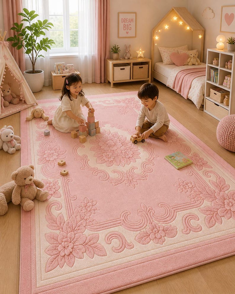May include: A large, rectangular pink rug with a floral design and a cream-colored border. The rug features a detailed embossed pattern of flowers and scrolling elements. The rug is in a child's bedroom with children playing on it.