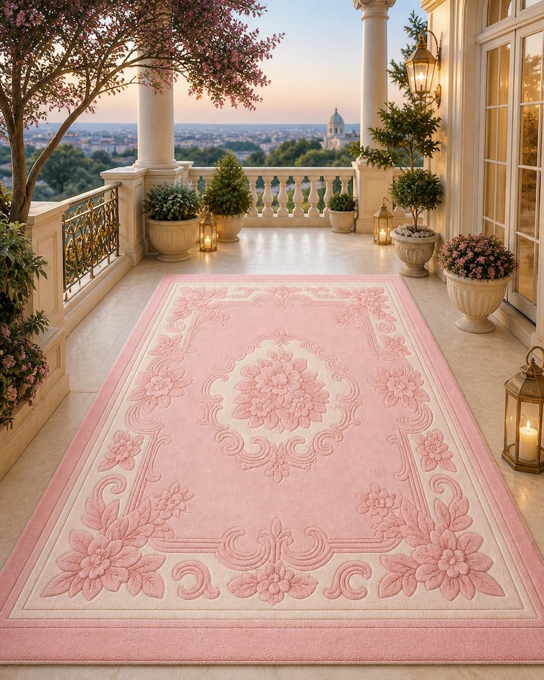 May include: A rectangular pink rug with a floral design. The rug features a central floral medallion and a border with repeating floral and scroll motifs. The rug is placed on a balcony with a view of a cityscape.