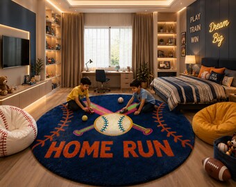 Tappeto da baseball Home Run, tappeto sportivo rotondo, tappeto da baseball per la cameretta dei bambini, decorazione per la stanza dei giochi, tappeto di lusso trapuntato fatto a mano, tappeto per la stanza dei giocatori