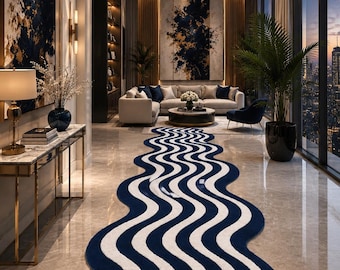 Tappeto Wave Runner blu navy, tappeto astratto scandinavo trapuntato a mano
