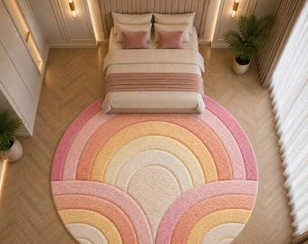 Tappeto rotondo trapuntato a mano con motivo arcobaleno pastello, morbido tappeto in peluche per la cameretta dei bambini.