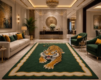 Tappeto di lusso con stampa tigre, realizzato a mano con tecnica tufting, colore verde, stile massimalista, ideale per camera da letto e soggiorno, un elemento d'arredo di grande impatto con tema animale.