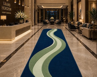 Tappeto a onda astratto blu navy, tappeto moderno trapuntato per corridoio, dettagli verde salvia