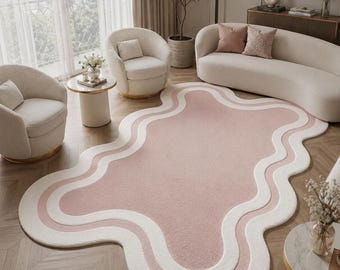 Tappeto rosa cipria irregolare a pelo lungo, morbido tappeto a forma di onda, arredamento scandinavo per la cameretta dei bambini.
