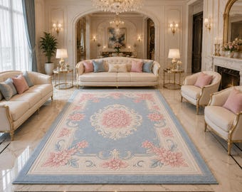 Luxus-Teppich mit Blumenmuster, Pastellblau-Rosa-Teppich, Großer Wohnzimmerteppich, Weicher Schlafzimmerteppich, Kinderzimmerteppich, getufteter Blumenteppich