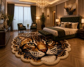 Tappeto di lusso con stampa leopardata, tappeto trapuntato a mano con stampa animalier, tappeto di forma personalizzata, tappeto safari glamour per soggiorno, tappeto di lusso per camera da letto