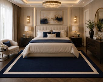 Luxury Navy Blue Border Area Rug, Modern Minimalist Carpet, Handmade Tufted Living Room Rug, Bedroom Rug, Large Area Carpet, Custom Size Rug