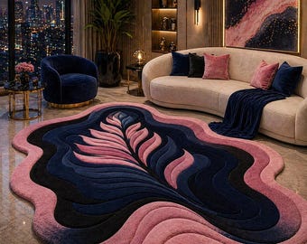 Tappeto astratto a foglie fatto a mano, tappeto ondulato rosa e blu navy, arredamento di lusso per il soggiorno.