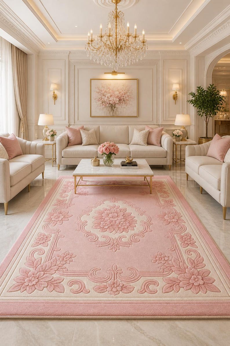 May include: A luxurious living room featuring a large pink floral patterned rug. The room includes cream-colored sofas, a marble coffee table, and a crystal chandelier. The walls are painted in a soft cream color, creating an elegant atmosphere.
