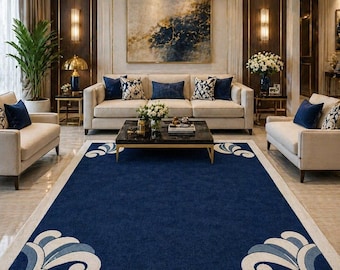 Tappeto blu navy con bordo floreale, realizzato a mano con tecnica tufting, dimensioni personalizzate, ideale per l'arredamento di casa.