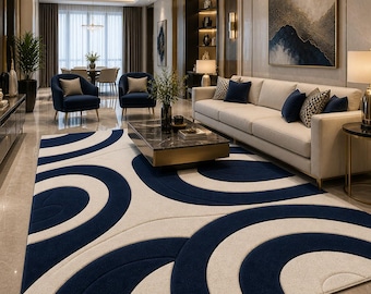 Tappeto geometrico fatto a mano nei colori blu navy e crema, moderno tappeto astratto trapuntato