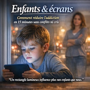 May include: A young boy intently focuses on a glowing tablet, held in his hands. The image features French text: "Enfants & écrans" and "Comment réduire l'addiction en 15 minutes sans conflits ni cris." A woman stands in the background. The quote "Un rectangle lumineux influence plus nos enfants que nous" is also present.