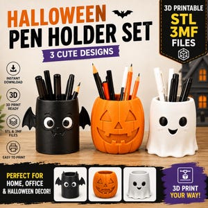 May include: A set of three 3D printable Halloween pen holders featuring a black bat, an orange jack-o'-lantern, and a white ghost. The image includes text stating HALLOWEEN PEN HOLDER SET, 3 CUTE DESIGNS, and 3D PRINTABLE STL 3MF FILES.