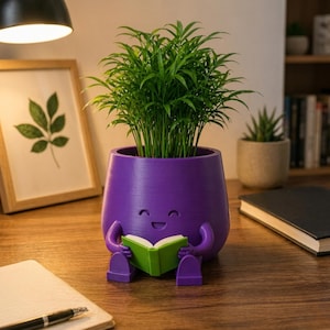 Può includere: Un vaso viola con un volto sorridente, braccia e gambe, che tiene in mano un piccolo libro verde. Il vaso è pieno di una vivace pianta verde. Una stampa di foglie incorniciata e un taccuino sono sullo sfondo.