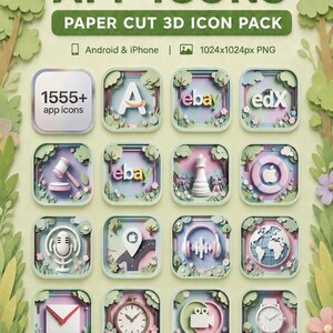 Könnte beinhalten: Eine digitale Sammlung von 1555 App-Icons im 3D-Papierschnitt-Design. Die Icons zeigen verschiedene Symbole wie Logos, einen Hammer, eine Schachfigur, einen Globus, eine Uhr und eine Armbanduhr vor einem hellgrünen Hintergrund mit Blumen.