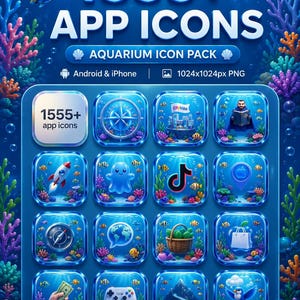 Puede incluir: Una colección digital de 1555+ iconos de aplicaciones con temática de acuario, agua azul, corales coloridos y peces pequeños. Los iconos incluyen varios símbolos como una brújula, un cohete, un fantasma, una nota musical y un mando.