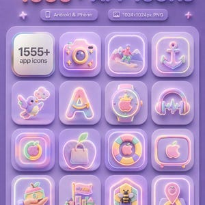 Puede incluir: Una colección de iconos de aplicaciones 3D en una suave combinación de colores lavanda. La imagen presenta varios iconos, incluyendo una cámara, un esquiador, un ancla, un pájaro, la letra "A", un reloj inteligente, auriculares y más. El texto dice "1555+ APP ICONS".
