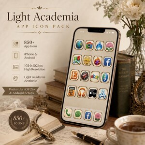 May include: A digital app icon pack titled Light Academia featuring over 850 icons for iPhone and Android. The display shows a smartphone screen with various square, cream-colored icons with brown borders, including a camera, map, and social media logos.