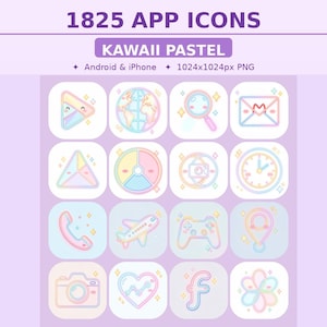 May include: A set of 1825 Kawaii Pastel app icons for Android and iPhone, in a 1024x1024px PNG format. The icons feature a play button, globe, magnifying glass, envelope, and other cute designs.