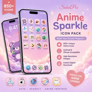 Puede incluir: Dos teléfonos inteligentes que muestran una interfaz con temática de nubes moradas y rosas con iconos de aplicaciones personalizados. El texto dice SaberPix Anime Sparkle Icon Pack, 850+ Unique Anime Icons, Android & iPhone Compatible, High Resolution Designs.