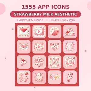 May include: A collection of 1555 app icons with a strawberry milk aesthetic. The icons are designed for Android and iPhone, in a 1024x1024px PNG format. Each icon features a unique design with pink and red colors.