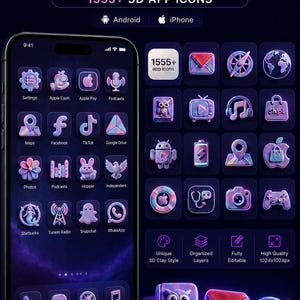 Könnte beinhalten: Navyblaue 3D-App-Icon-Sammlung mit über 1555 Icons im einzigartigen Clay-Stil. Enthält Icons für Einstellungen, soziale Medien und mehr. Hochwertige, voll editierbare und organisierte Ebenen. Kompatibel mit Android und iPhone.