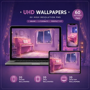 Op de afbeelding: Digitale productpresentatie met UHD-achtergronden. De afbeelding toont een roze piano in een kamer, weergegeven op een laptop, telefoon en tablet. De tekst geeft 60 high-resolution PNG-achtergronden in 3 formaten aan.