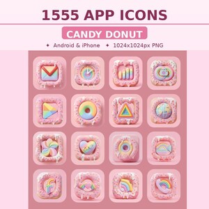 Op de afbeelding: Roze app-pictogrammen met een candy donut-thema. Elk pictogram heeft een uniek ontwerp, waaronder een klok, een envelop en een regenboog. De tekst bovenaan luidt "1555 APP ICONS" en "CANDY DONUT".