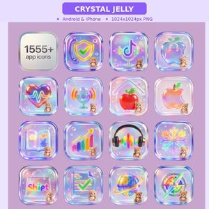 May include: A collection of 1555+ app icons with a crystal jelly theme. Each icon is square and features a unique design, including a heart, apple, and musical notes, with a small teddy bear in each. The background is a soft purple.