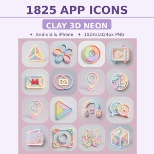 May include: A collection of 1825 Clay 3D Neon app icons for Android and iPhone. The icons are in a variety of pastel colors and feature designs such as a flower, a camera, a globe, and a wallet. The image includes the text "1024x1024px PNG".