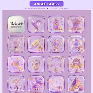 May include: A collection of 1555+ app icons in a soft purple color scheme. Each icon features a unique design, including a diamond, battery, and house, with small angel figures. The text "ANGEL GLASS" is at the top.