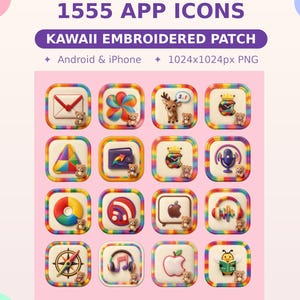 May include: A collection of 1555 app icons with a kawaii embroidered patch design. The icons feature various colorful designs, including an envelope, a pinwheel, a deer, and an apple. Each icon is surrounded by a rainbow border and includes a small teddy bear.