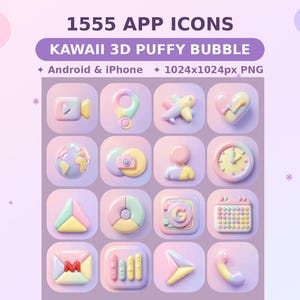 May include: A set of 1555 Kawaii 3D puffy bubble app icons in pastel shades. The icons include a video camera, location pin, airplane, heart, globe, camera, person, clock, triangle, donut, letter G, calendar, envelope, and phone.
