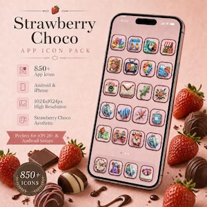 May include: A smartphone displaying a Strawberry Choco app icon pack with 850+ icons. The screen shows a grid of small, colorful icons featuring strawberries and chocolate themes. Fresh strawberries and chocolate truffles surround the phone.