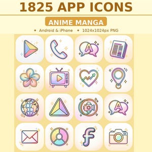 Könnte beinhalten: Eine Sammlung von 1825 Anime Manga App-Icons. Jedes Icon hat ein einzigartiges Design mit einer Pastellfarbpalette und schwarzer Umrandung. Die Icons zeigen einen Play-Button, Telefon, Sprechblase, Zeitung, Blume, Fernseher, Herz, Standort-Pin, Globus, Dreieck, Kamera, Umschlag und mehr.