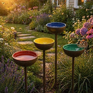Può includere: Quattro colorati bagni per uccelli in un giardino. Ogni ciotola è di un colore diverso: rosso, giallo, blu e verde. I bagni sono su alti e sottili supporti metallici. Una farfalla si posa su uno dei bagni.