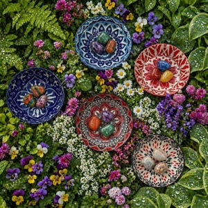 Könnte beinhalten: Draufsicht auf fünf kleine, dekorative Schalen, gefüllt mit bunten Edelsteinen, inmitten eines lebendigen Blumen- und Grünbeets. Die Schalen weisen komplizierte Muster in Blau-, Rot- und Cremetönen auf. Die Edelsteine sind in verschiedenen Größen und Farben.