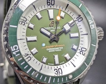 Vintage Breitling Superocean Automatic Men's Watch Green Dial Chronometer