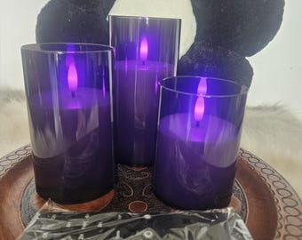 Set of 3 Black LED Flameless Candles, Purple Light Effect (Remote Timer Included)