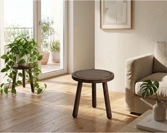 Dark Brown Modern Wood Plant Stand, Round Side Table for Living Room