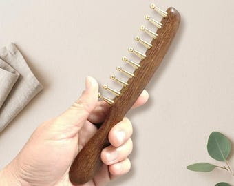 Copper and Sandalwood Massage Comb, Wide Tooth Gua Sha Tool for Scalp Care
