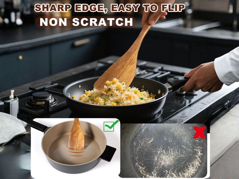 May include: A wooden spatula is used to stir-fry rice in a black frying pan on a hob. The image highlights the spatula's sharp edge and non-scratch properties, with text reading "SHARP EDGE, EASY TO FLIP, NON SCRATCH". Additional images show the spatula's use and a comparison.