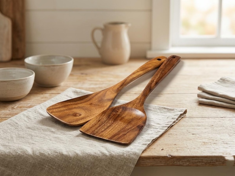 May include: Two wooden kitchen spatulas with long handles and a natural wood grain finish. One spatula is flat and wide, while the other is more narrow and angled. They rest on a linen cloth.