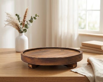 Round Wooden Decorative Tray Rustic Soap Dish Farmhouse Kitchen Bathroom Counter Riser Decor