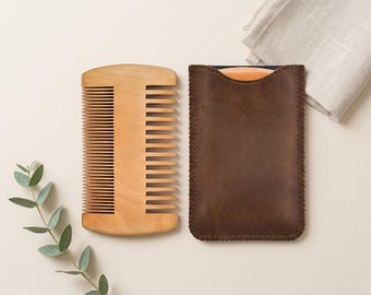 Natural Wood Dual Teeth Comb with Vegan Leather Case, Beard Grooming Tool for Men
