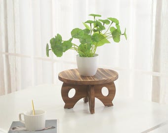 Wooden Plant Stand Indoor, Round Stool Riser, Rustic Farmhouse Pedestal Decor, Brown, No Pot