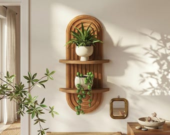 Boho Plant Wall Shelf 16.7 Inch, 2 Tier Wooden Floating Shelves for Bedroom Bathroom Decor